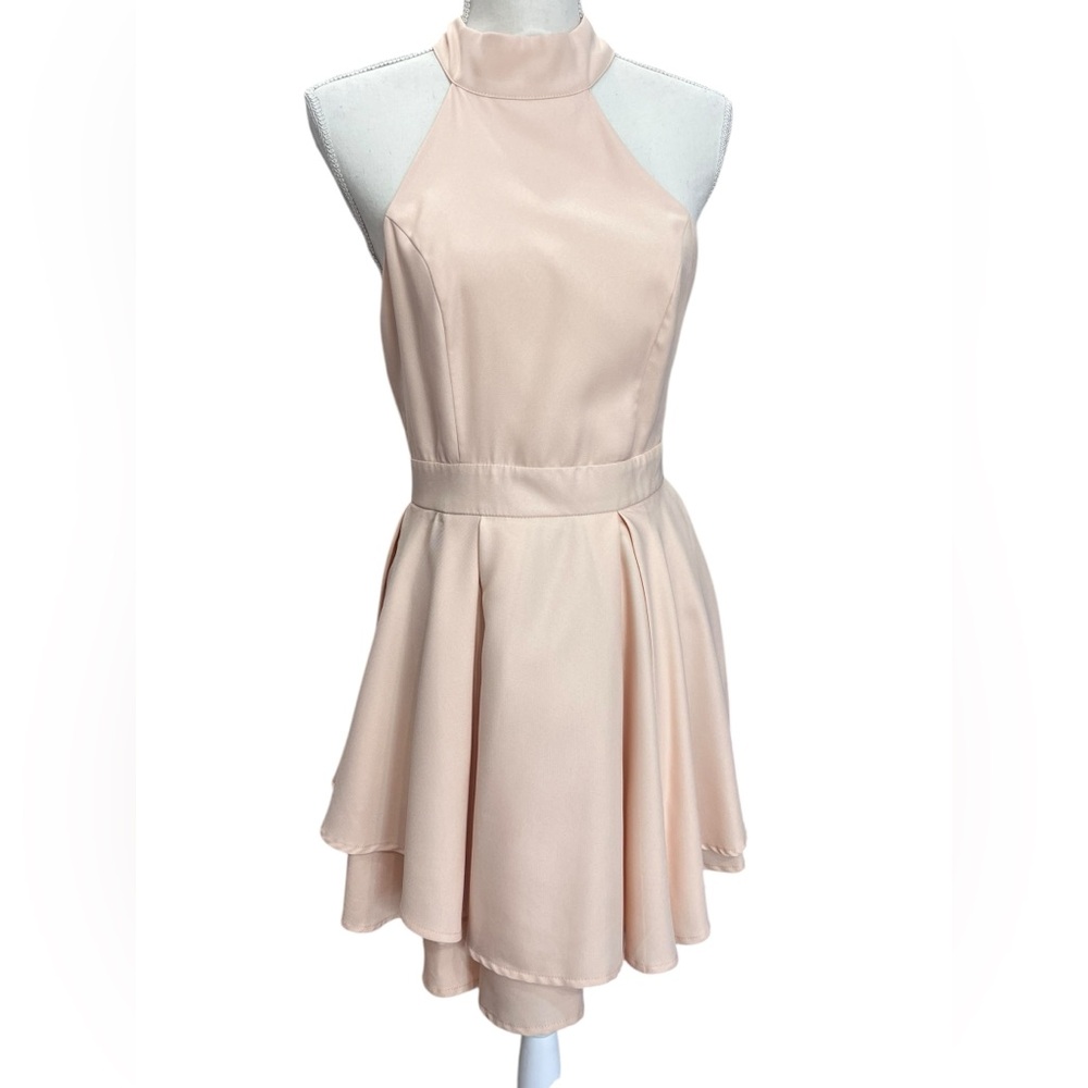 Lulus Peach Halter Fit Flare Mini Dress Open Back Ruffle Skater Medium - Picture 2 of 14